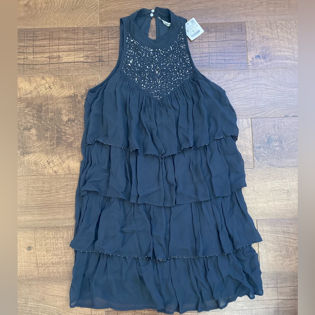 Zara Nwt Tiered Halter Beaded Embellished Charcoal Mini Dress Women’s M